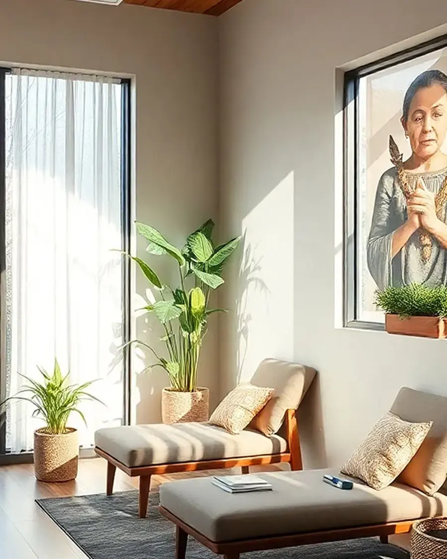 Sala de atendimento da Clínica Aurora, com luz natural, plantas e poltronas de descanso